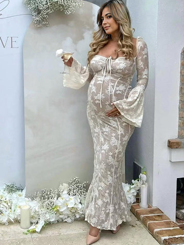 White Lace Corset Square Neck Flare Sleeve Off Shoulder Bodycon Elegant Cocktail Party Maternity Photoshoot Baby Shower Maxi Dress Maternity
